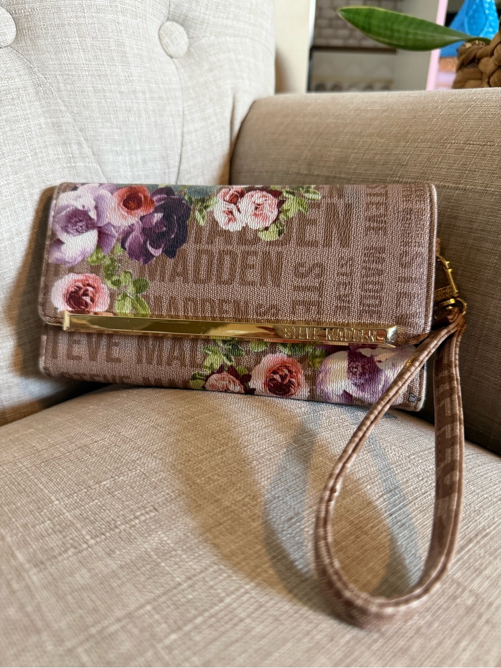 Steve Madden Tan Floral Logo Wristlet Clutch with Gold Accent